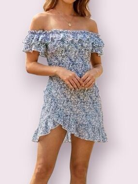 Cider Cottagecore Coquette Off The Shoulder Floral Mini Dress White Blue Size XS